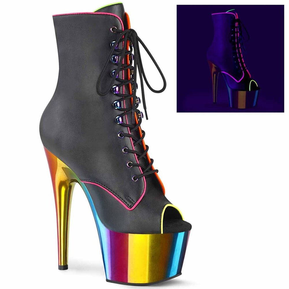 Brand New-Adore Pole Heels 7" Platform Peep Toe Lace-Up Front Ankle Boot Rainbow